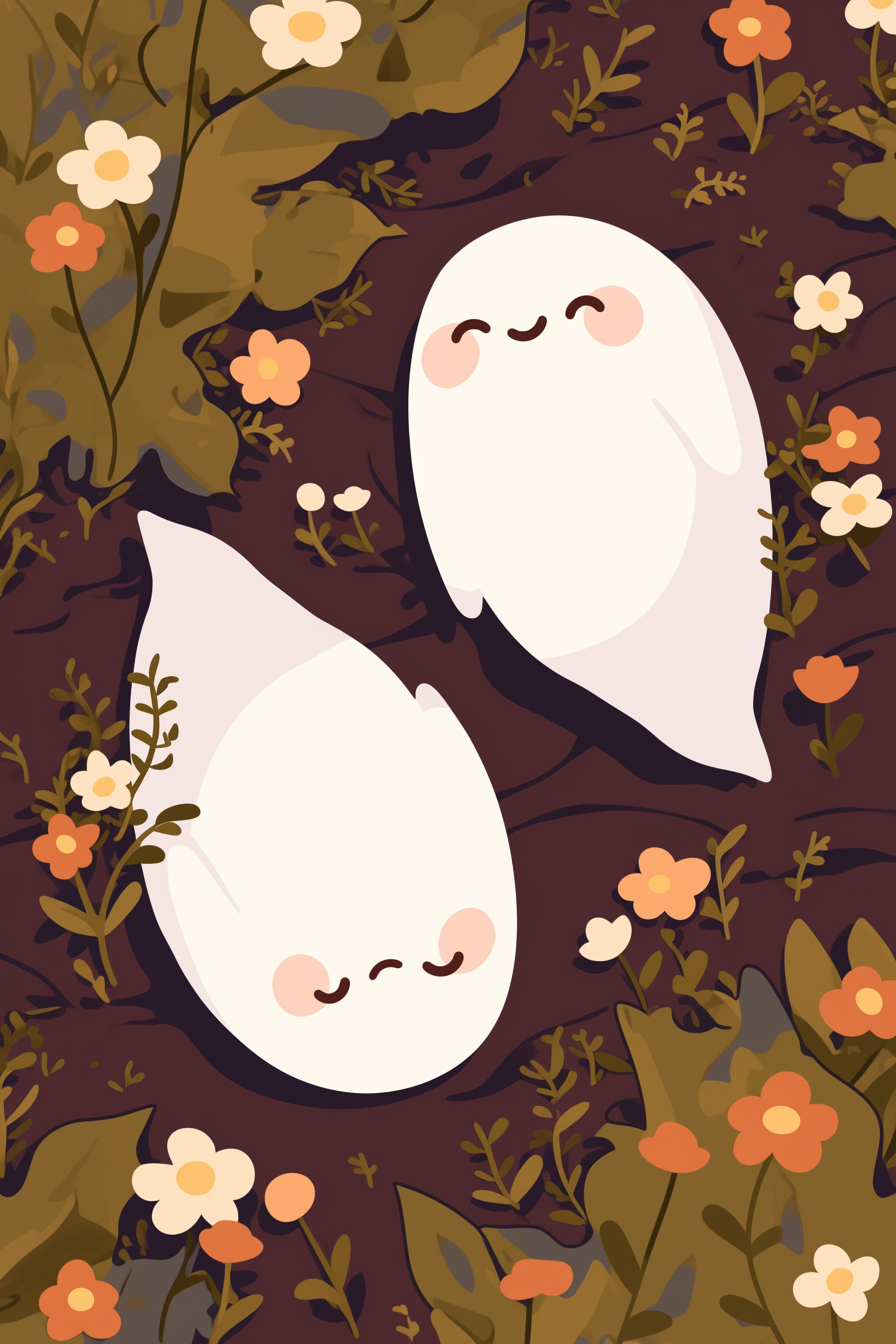 cute halloween drawings for kids featuring two adorable ghost characters nestled among whimsical flowers over a dark, leafy background.